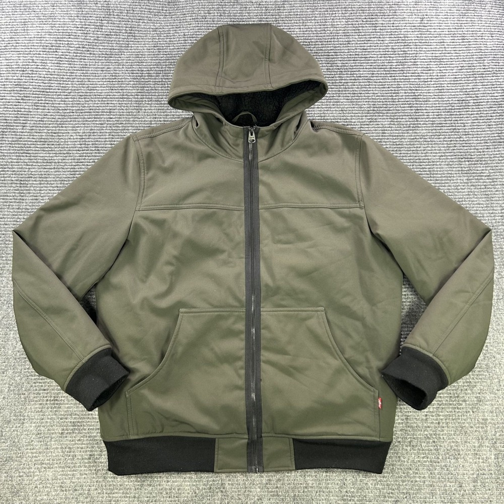 Levis Green Softshell Hooded Full Zip Jacket Mens Large Sherpa Lining Outdoors‎